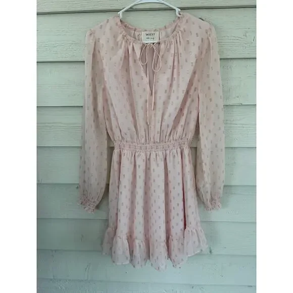 WAYF Dede x Emily Pink Swiss Dot Mini Dress Size S Romantic Ruffle Hem - Picture 2 of 9